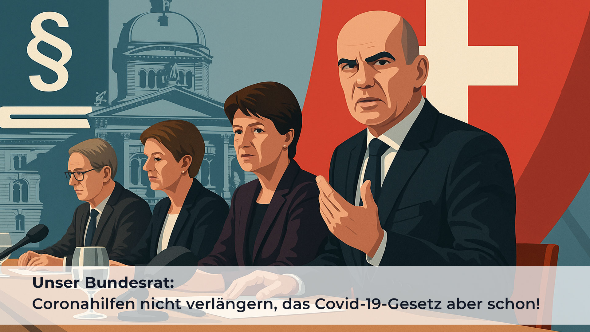 Illustration einer Schweizer Bundesrat-Pressekonferenz vor dem Bundeshaus, mit Schweizer Flagge und Gesetzsymbol, stilisiert und kritisch dargestellt.