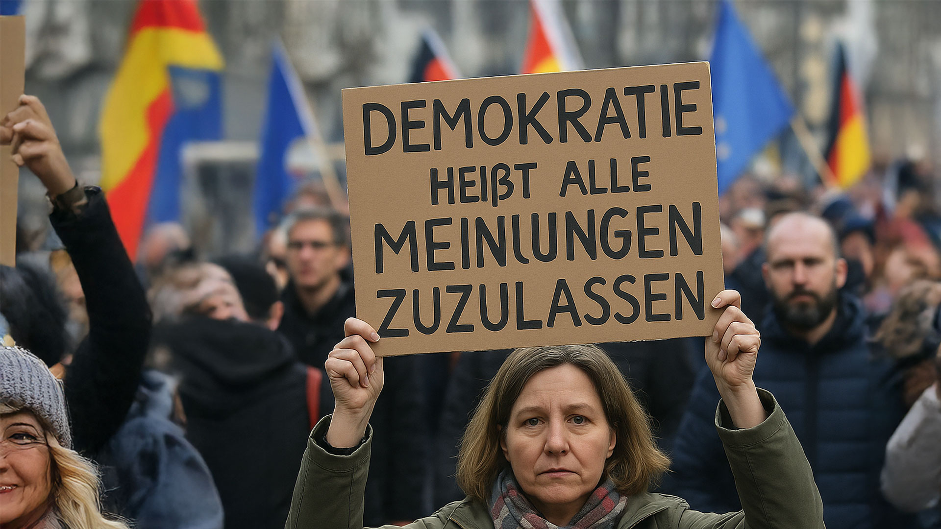 Frau hält Protestschild mit der Aufschrift „Demokratie heisst alle Meinungen zuzulassen“ bei einer Demonstration inmitten einer Menschenmenge.
