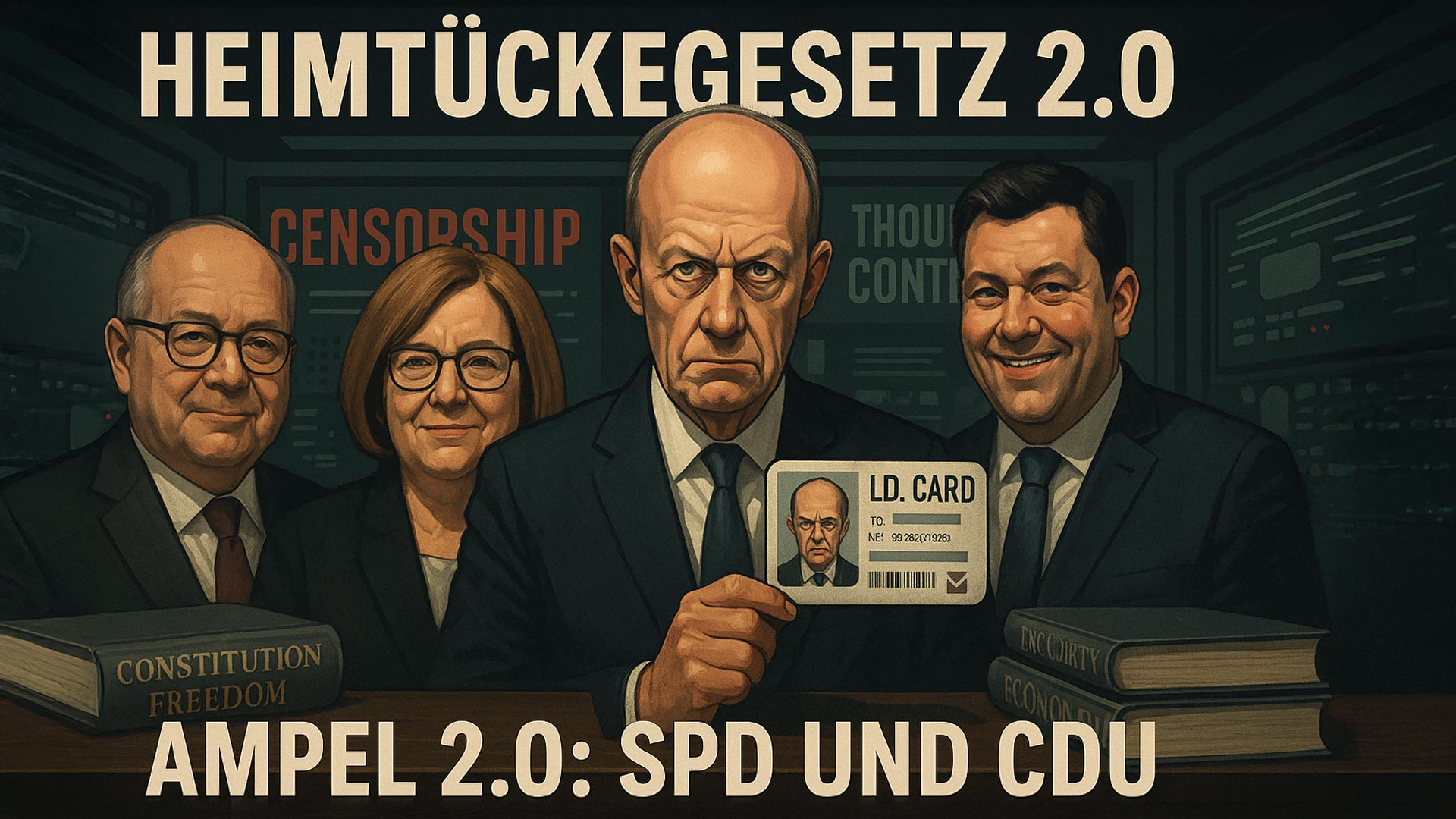 Satirische Illustration: Friedrich Merz, Bärbel Bas, Wolfgang Bistorium und Lars Klingbeil stellen das „Heimtückegesetz 2.0“ als Kontrolleure von SPD und CDU dar.
