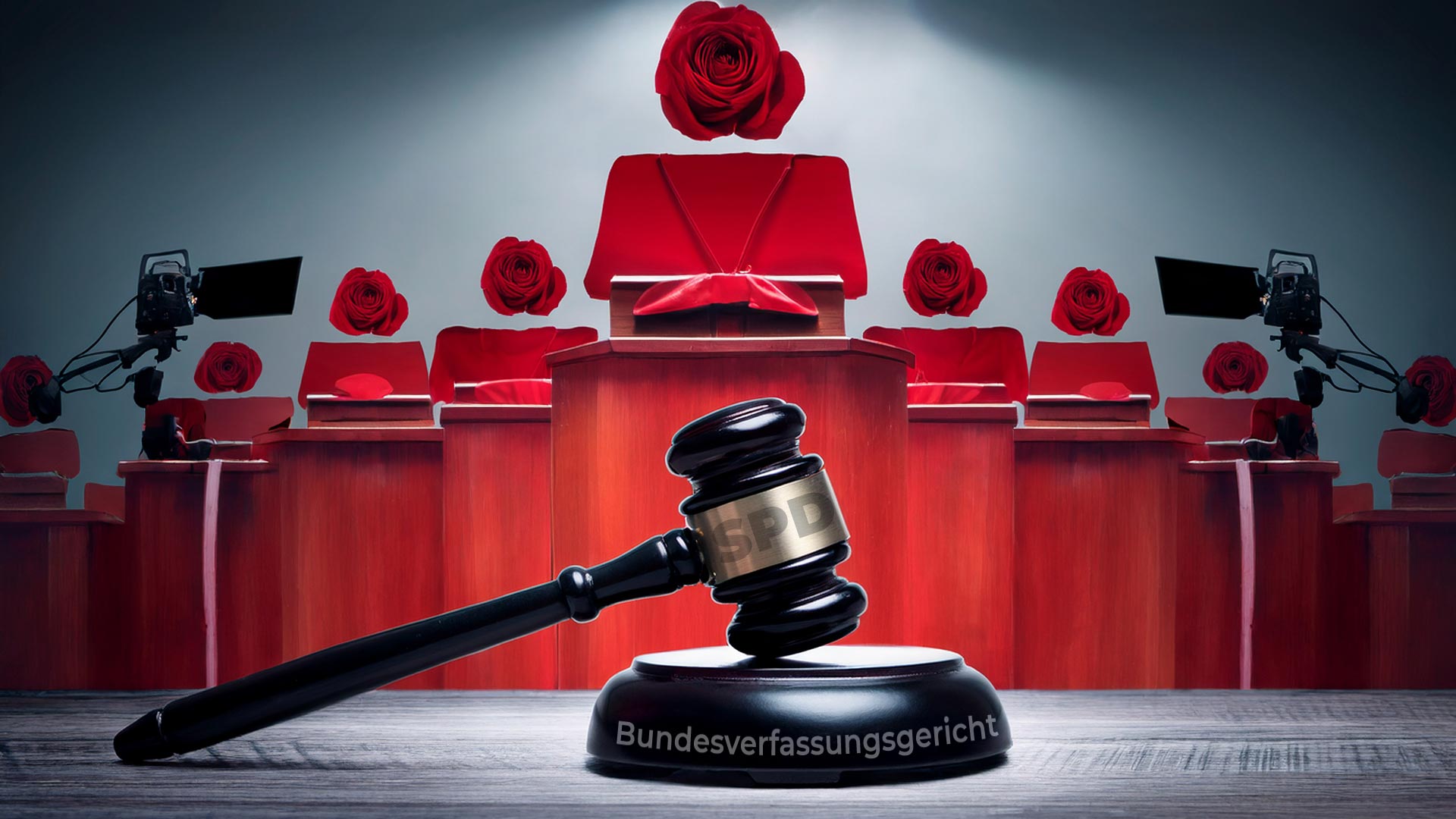 Ein Richterhammer mit SPD-Logo und der Aufschrift „Bundesverfassungsgericht“ im Vordergrund, dahinter dunkle Schattenfiguren mit Akten und Kamera auf rotem Hintergrund – Symbolbild für politischen Einfluss.