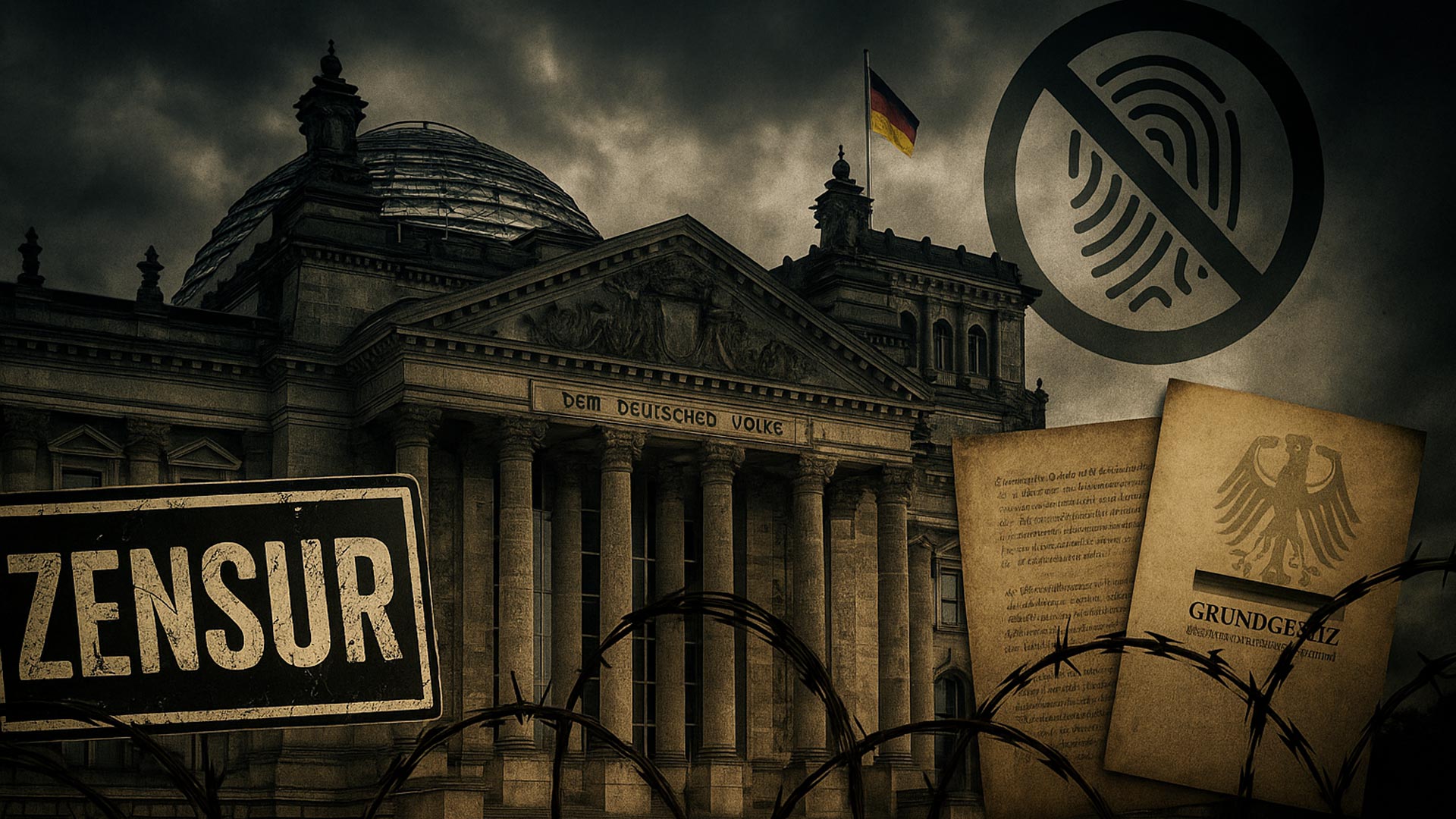 Titelbild zu Artikel Deutschland hat „erhebliche Menschenrechtsprobleme: Bundeshaus umringt mit Stacheldraht und einem Schild "Zensiert"