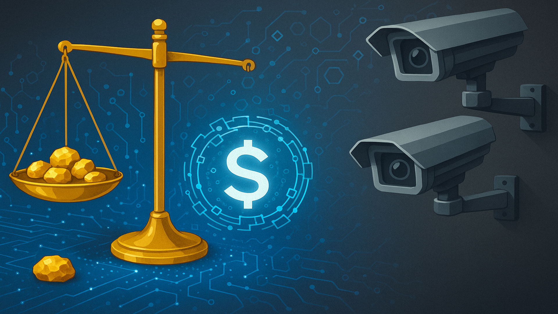 Goldwaage mit Nuggets, digitale Dollar-Symbole und Überwachungskameras vor einem Hintergrund aus Schaltkreis-Mustern.