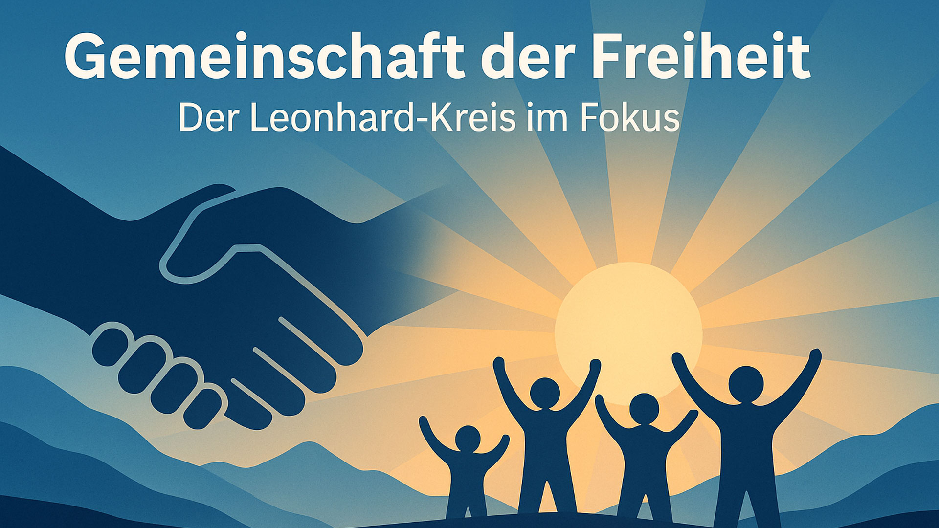 Symbolisches Titelbild: Menschen und Hände vereint vor aufgehender Sonne – Sinnbild für Freiheit, Gemeinschaft und Zusammenarbeit.
