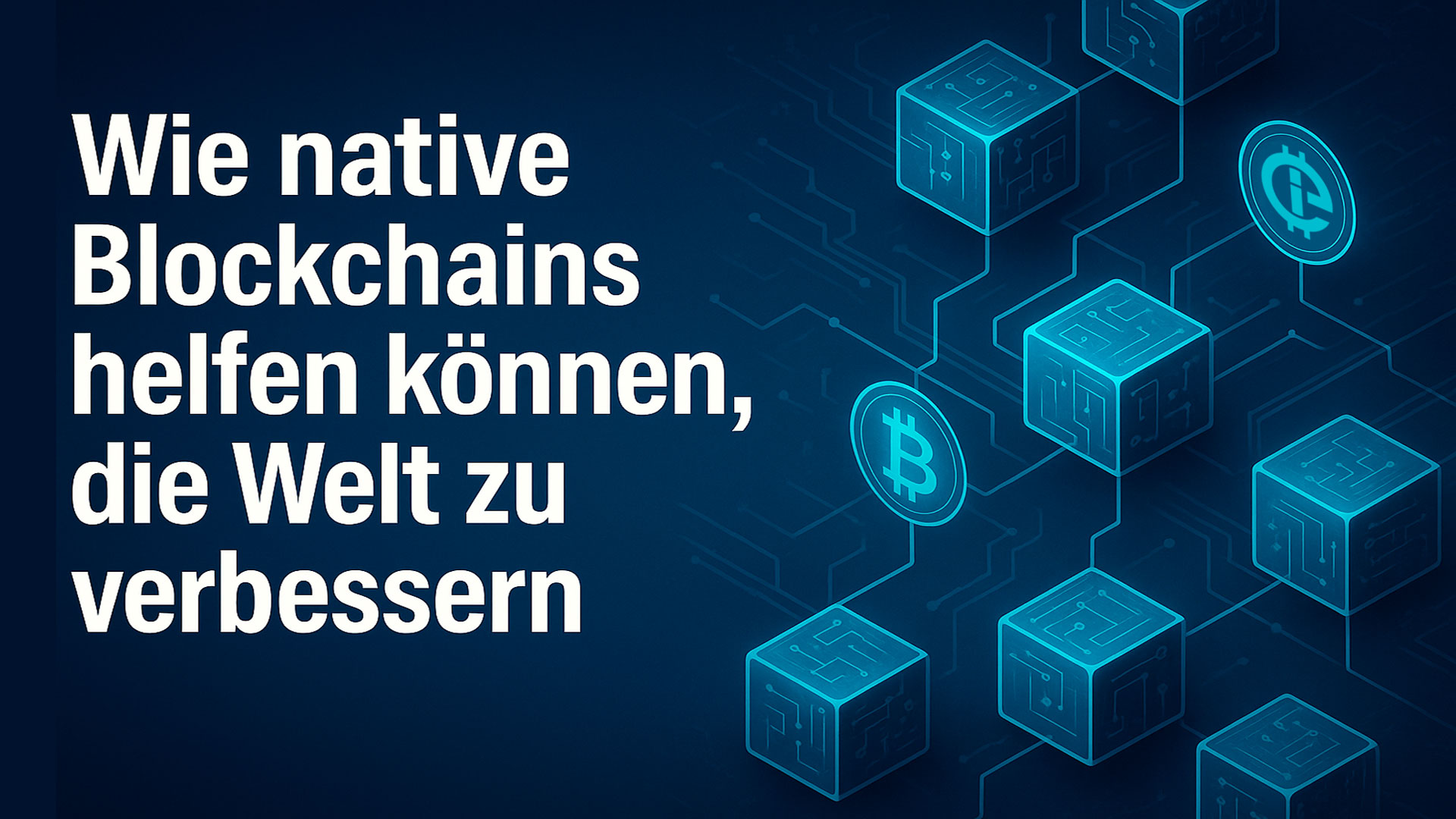 Technische Illustration einer dezentralen Blockchain-Struktur mit leuchtenden vernetzten Blöcken und Bitcoin-Symbolen auf dunkelblauem Hintergrund, daneben der Titel des Artikels.