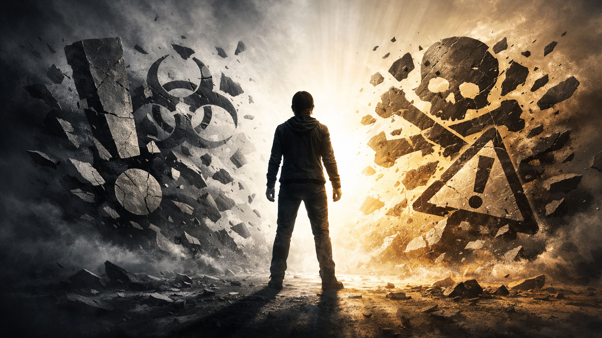 Silhouette einer entschlossenen Person im Gegenlicht, während zerbrechende Warnsymbole und dunkle Angst-Schatten im Hintergrund auseinanderfallen – Symbol für Befreiung von Manipulation und Kontrolle.