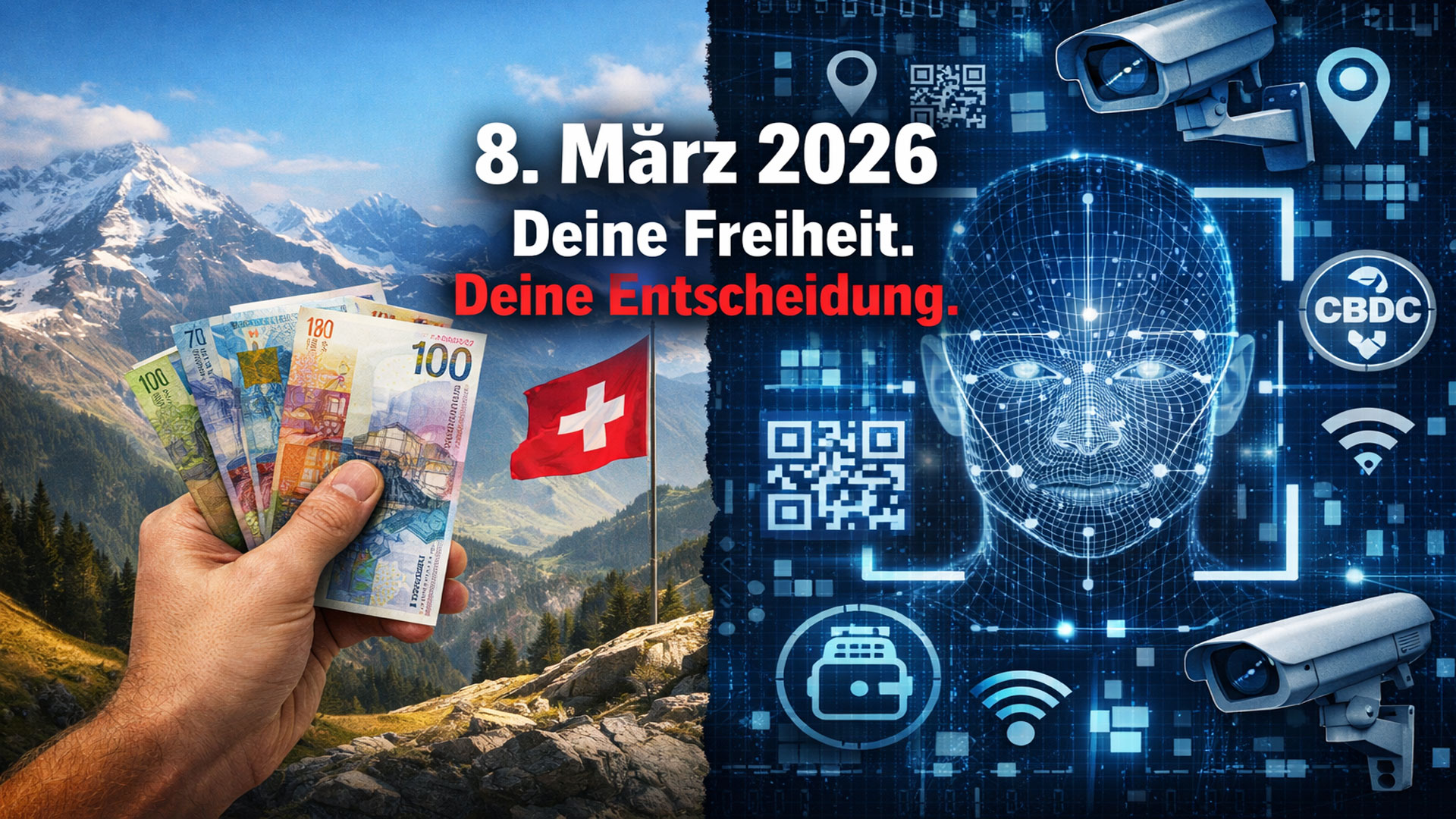 Hand mit Schweizer Franken vor Alpenkulisse im Kontrast zu digitaler Überwachung mit Gesichtserkennung, QR-Codes und CBDC-Symbolen zur Abstimmung vom 8. März 2026.