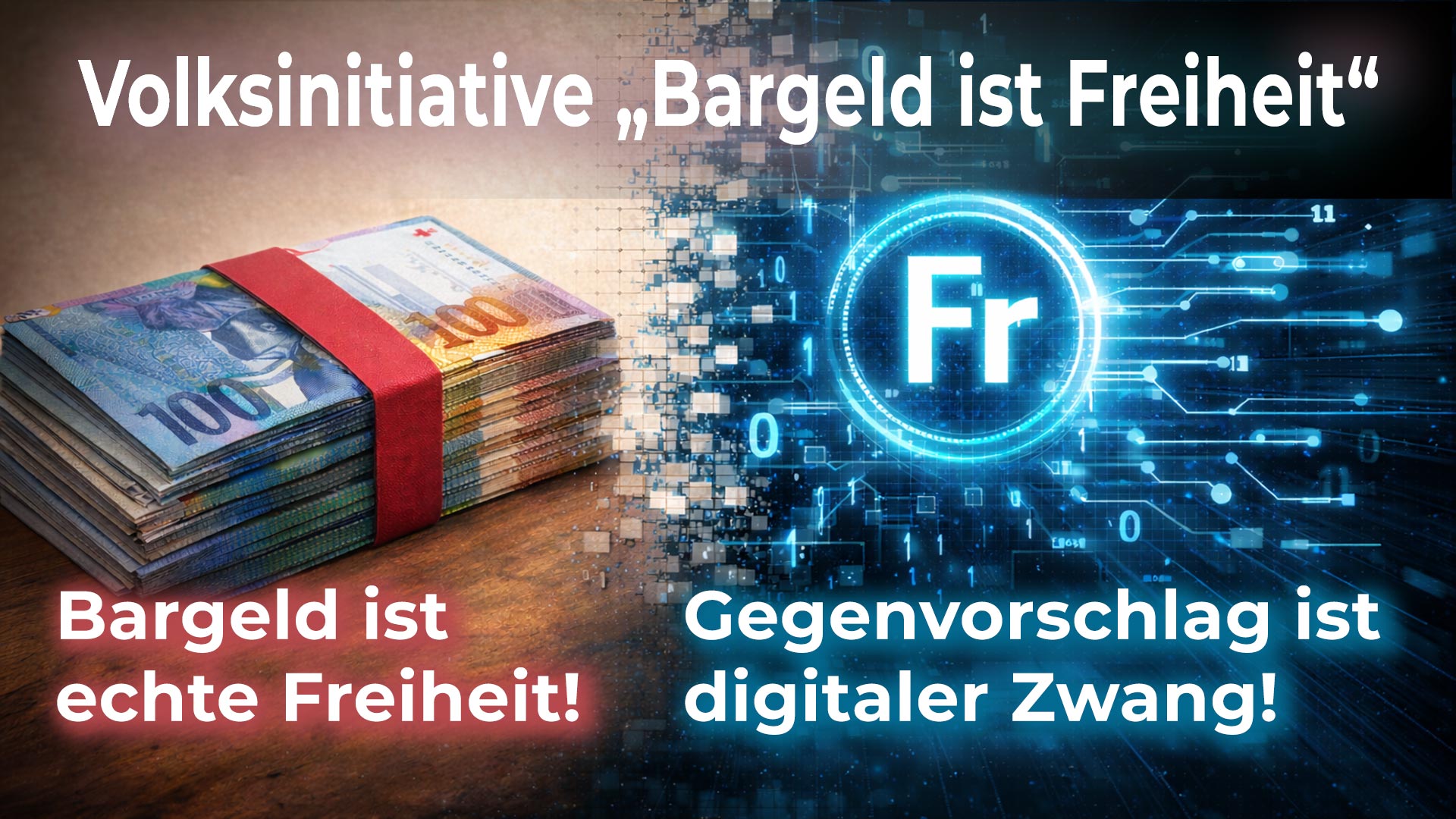 Schweizer Banknoten, die sich in digitale Währung auflösen – Symbol für den Übergang von Bargeld zu digitalem Geld.