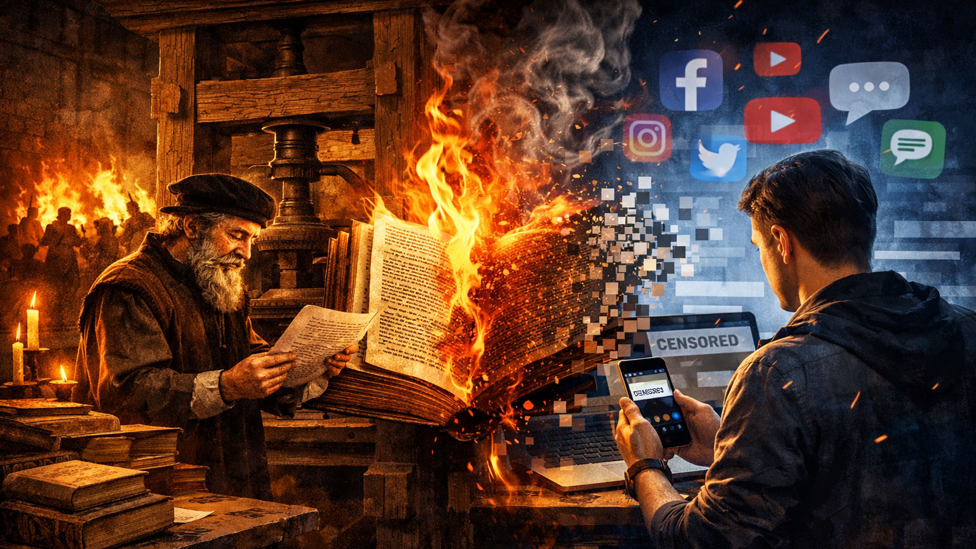 Historischer Buchdrucker neben brennendem Buch im Kontrast zu moderner Social-Media-Zensur mit Smartphone und Censored-Hinweis